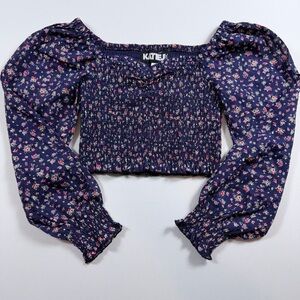 Katie J NYC Chloe Smocked Floral Puff Sleeve Crop Top NWT L Festival Milkmaid